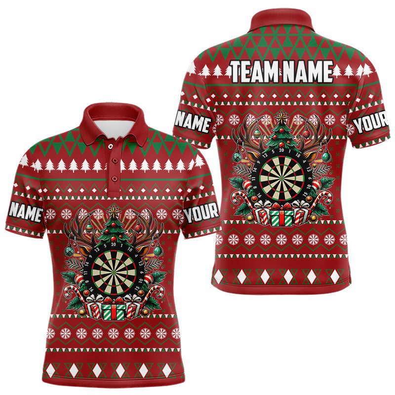 Red Christmas Pattern Custom Dart Shirts For Men, Funny Darts Christmas Gifts Xmas Dart Jerseys TDM3078