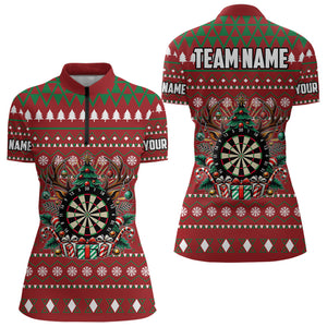 Red Christmas Pattern Custom Dart Shirts For Women, Funny Darts Christmas Gifts Xmas Dart Jerseys TDM3078