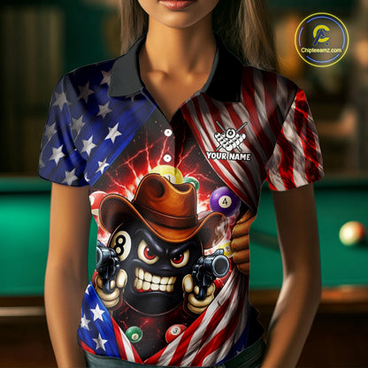 Glowing American Flag Funny 8 Ball Billiard Shirt For Women Custom Patriotic Pool Team Jersey TDM5570