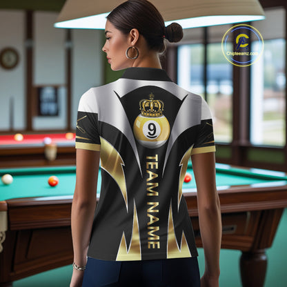 Personalized Crown 9 Ball Billiard Shirt For Women Custom Billiard Tournament Pool Team Jersey |Gold TDM5572