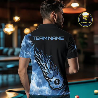 Black And Blue Flaming Icy 8 Ball Pool Billiard Shirt For Men Custom Billiard Team Jersey TDM5808