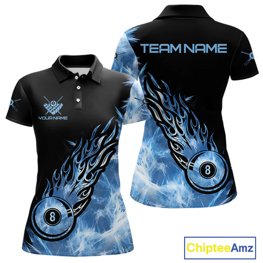 Black And Blue Flaming Icy 8 Ball Pool Billiard Shirt For Women Custom Billiard Team Jersey TDM5808