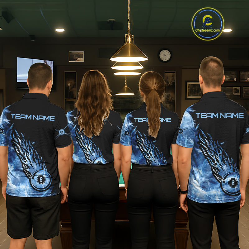 Black And Blue Flaming Icy 8 Ball Pool Billiard Shirt For Men Custom Billiard Team Jersey TDM5808