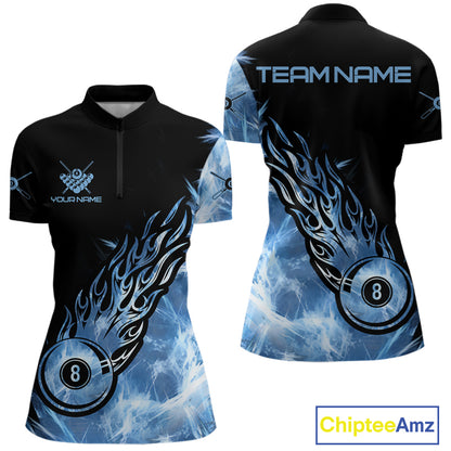 Black And Blue Flaming Icy 8 Ball Pool Billiard Shirt For Women Custom Billiard Team Jersey TDM5808