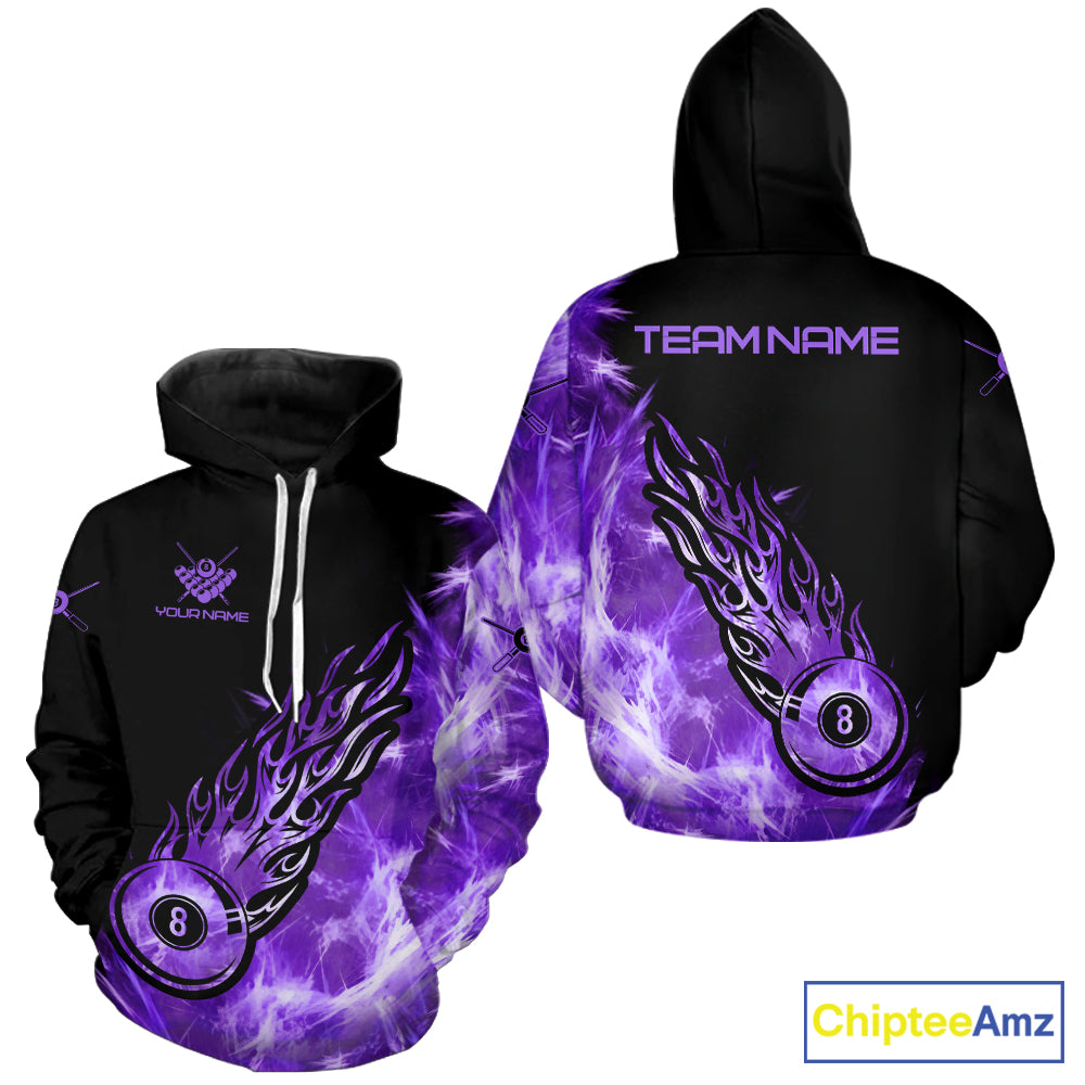 Black And Purple Flaming Icy 8 Ball Pool Hoodie For Men And Women Custom Billiard Hoodie TDM5809