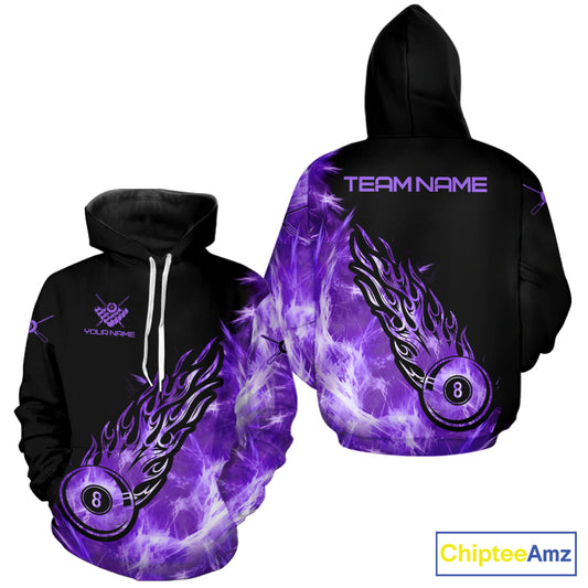 Black And Purple Flaming Icy 8 Ball Pool Hoodie For Men And Women Custom Billiard Hoodie Team Shirt TDM5809