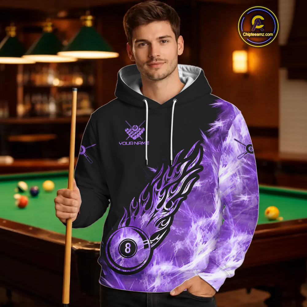 Black And Purple Flaming Icy 8 Ball Pool Hoodie For Men And Women Custom Billiard Hoodie TDM5809
