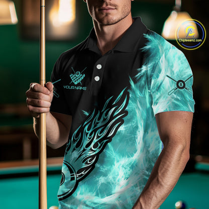 Black And Turquoise Flaming Icy 8 Ball Pool Billiard Shirt For Men Custom Billiard Team Jersey TDM5810