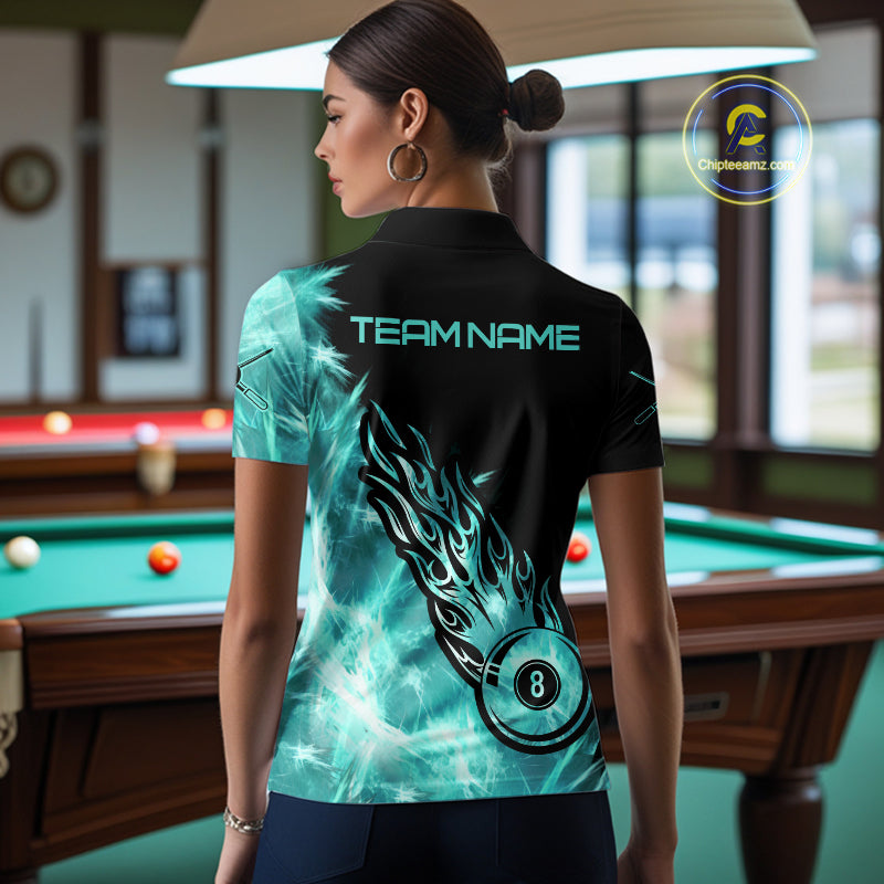Black And Turquoise Flaming Icy 8 Ball Pool Billiard Shirt For Women Custom Billiard Team Jersey TDM5810