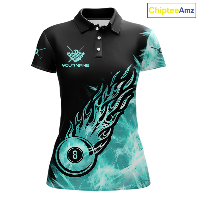 Black And Turquoise Flaming Icy 8 Ball Pool Billiard Shirt For Women Custom Billiard Team Jersey TDM5810