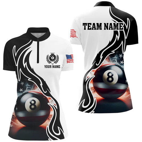 3D 8 Ball Pool Smoke US Flag Custom Women Quarter-Zip Shirts, Patriotic Billiard Jerseys TDM1142