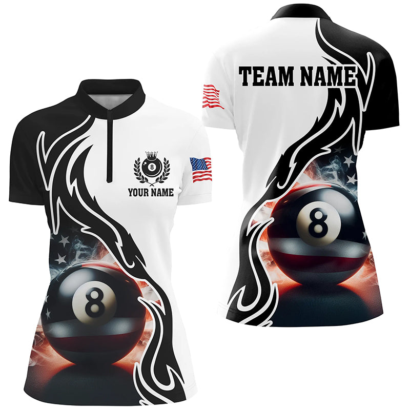 3D 8 Ball Pool Smoke US Flag Custom Women Quarter-Zip Shirts, Patriotic Billiard Jerseys TDM1142