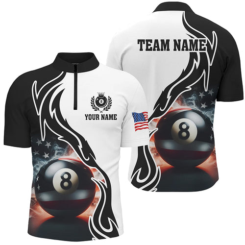 3D 8 Ball Pool Smoke US Flag Custom Men Quarter-Zip Shirts, Patriotic Billiard Jerseys TDM1142