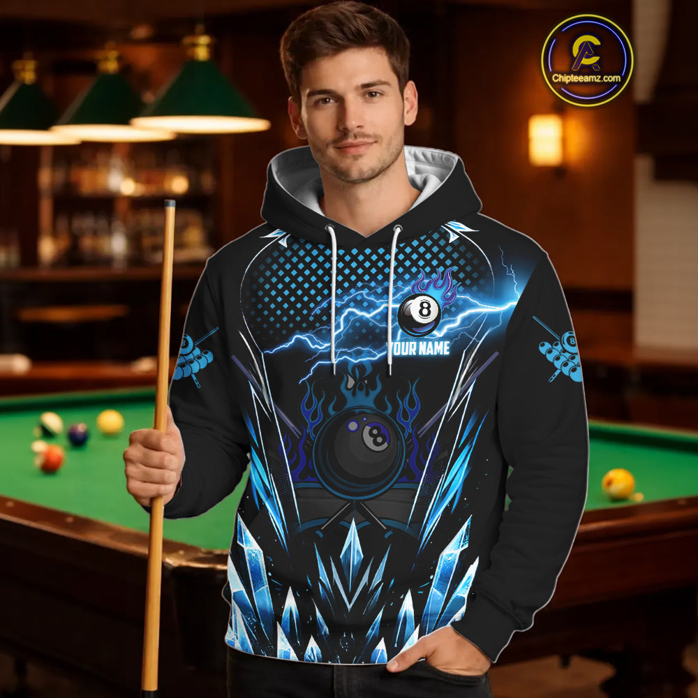 Blue Lightning 8 Ball Pool Icy Billiard Hoodie For Men And Women Custom Billiard Team Jersey TDM1328