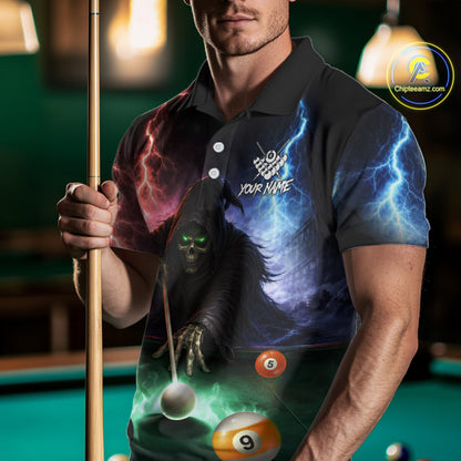 Funny Grim Reaper Lightning Billiard Shirt For Men Custom Pool Balls Team Jersey Polo & 1/4 Zip TDM6410