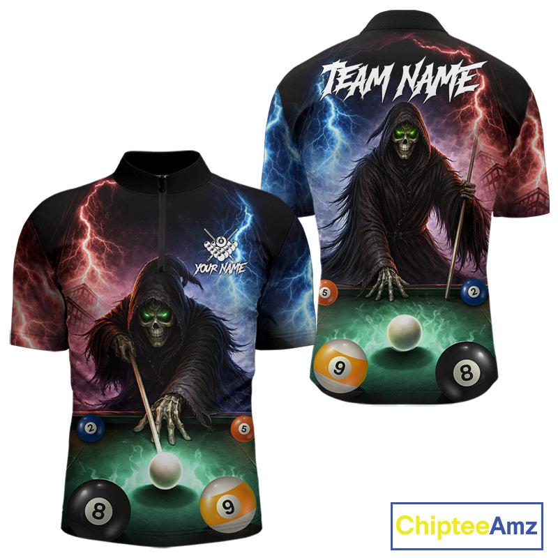 Funny Grim Reaper Lightning Billiard Shirt For Men Custom Pool Balls Team Jersey Polo & 1/4 Zip TDM6410