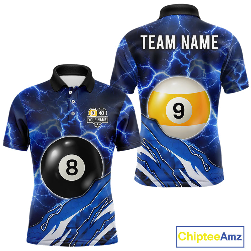 Blue Lightning Billiard Jersey For Men Custom 8 Ball 9 Ball Pool Billiard Shirt Team Polo, 1/4 Zip TDM6413