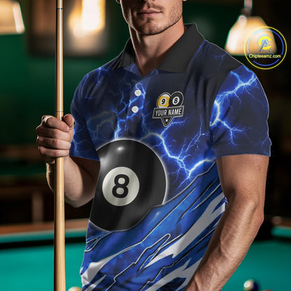 Blue Lightning Billiard Jersey For Men Custom 8 Ball 9 Ball Pool Billiard Shirt Team Polo, 1/4 Zip TDM6413