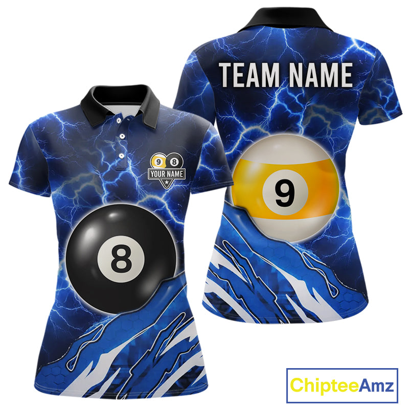 Blue Lightning Billiard Jersey For Women Custom 8 Ball 9 Ball Pool Billiard Shirt Team Polo, 1/4 Zip TDM6413