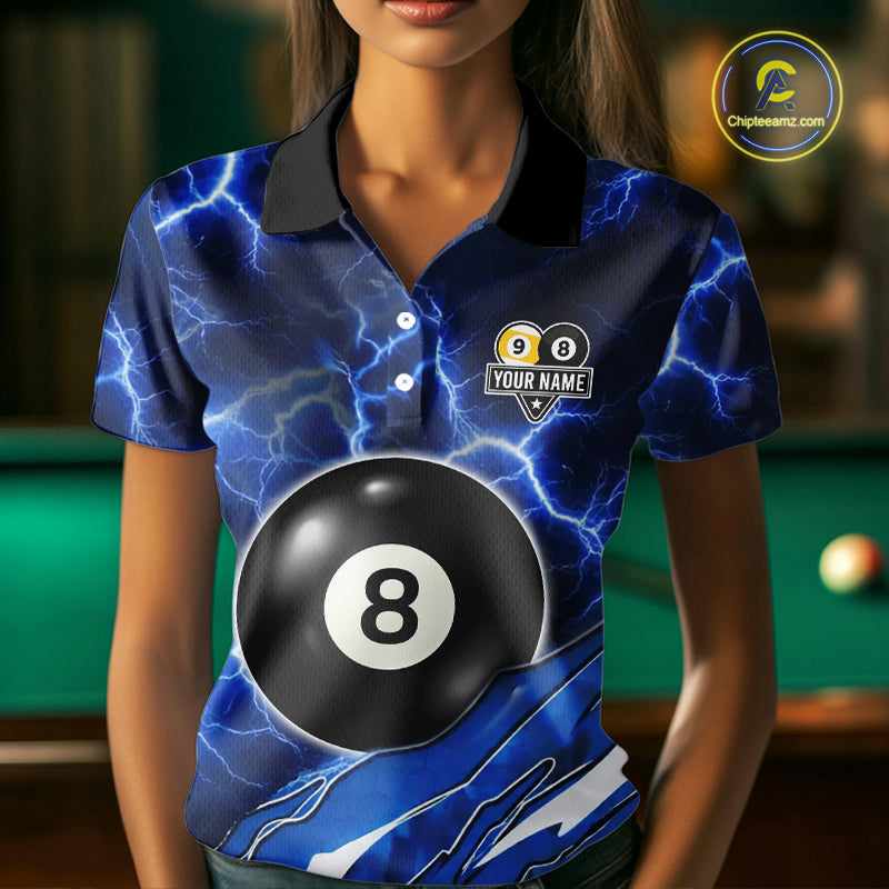 Blue Lightning Billiard Jersey For Women Custom 8 Ball 9 Ball Pool Billiard Shirt Team Polo, 1/4 Zip TDM6413