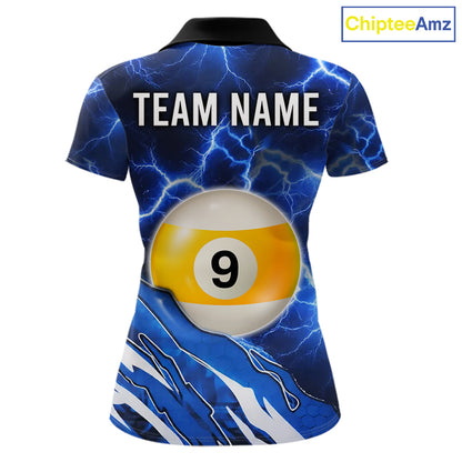 Blue Lightning Billiard Jersey For Women Custom 8 Ball 9 Ball Pool Billiard Shirt Team Polo, 1/4 Zip TDM6413