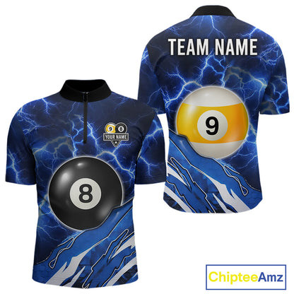 Blue Lightning Billiard Jersey For Men Custom 8 Ball 9 Ball Pool Billiard Shirt Team Polo, 1/4 Zip TDM6413