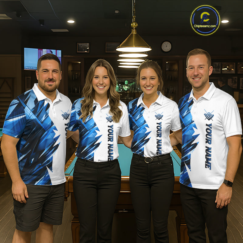 Custom Blue And White 8 Ball Pool Billiard Jersey For Women, Billiard Team Shirts Polo & 1/4 Zip TDM6609