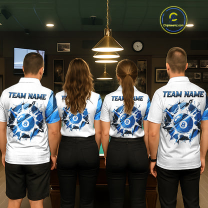 Custom Blue And White 8 Ball Pool Billiard Jersey For Women, Billiard Team Shirts Polo & 1/4 Zip TDM6609