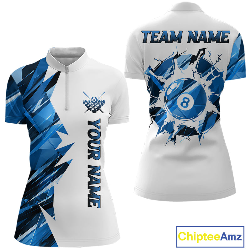 White billiard quarter zip shirt with blue and black designs on front and back, featuring an 8 ball graphic, "Team Name" and "Your Name" text, custom pool team jersey design