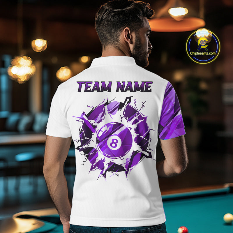 Custom Purple And White 8 Ball Pool Billiard Jersey For Men, Billiard Team Shirts Polo & 1/4 Zip TDM6610