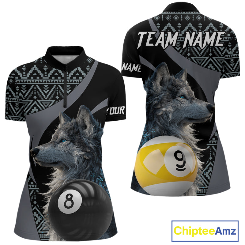 Customizable billiard quarter zip shirt with wolf design and pool ball elements 