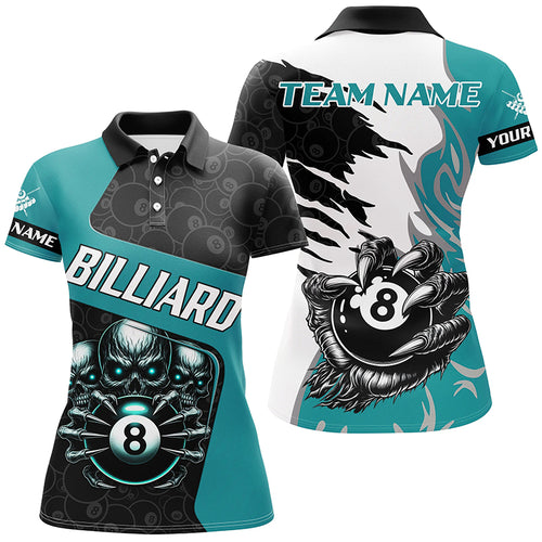 Personalized Skull Sharp Claws Billiard Shirts For Women, 8 Ball Pool Team Jerseys Shirts |Turquoise TDM2349