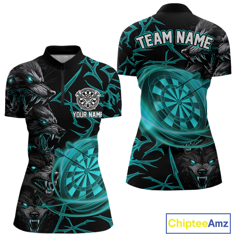 Personalized Wolf Dart Shirts For Women Custom Lights Dartboard Darts Team Jerseys |Turquoise TDM4670