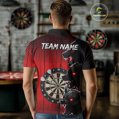 Personalized Red Grunge Wolf Darts Shirt For Men Custom Funny Darts Jersey Team Polo & 1/4 Zip TDM4672