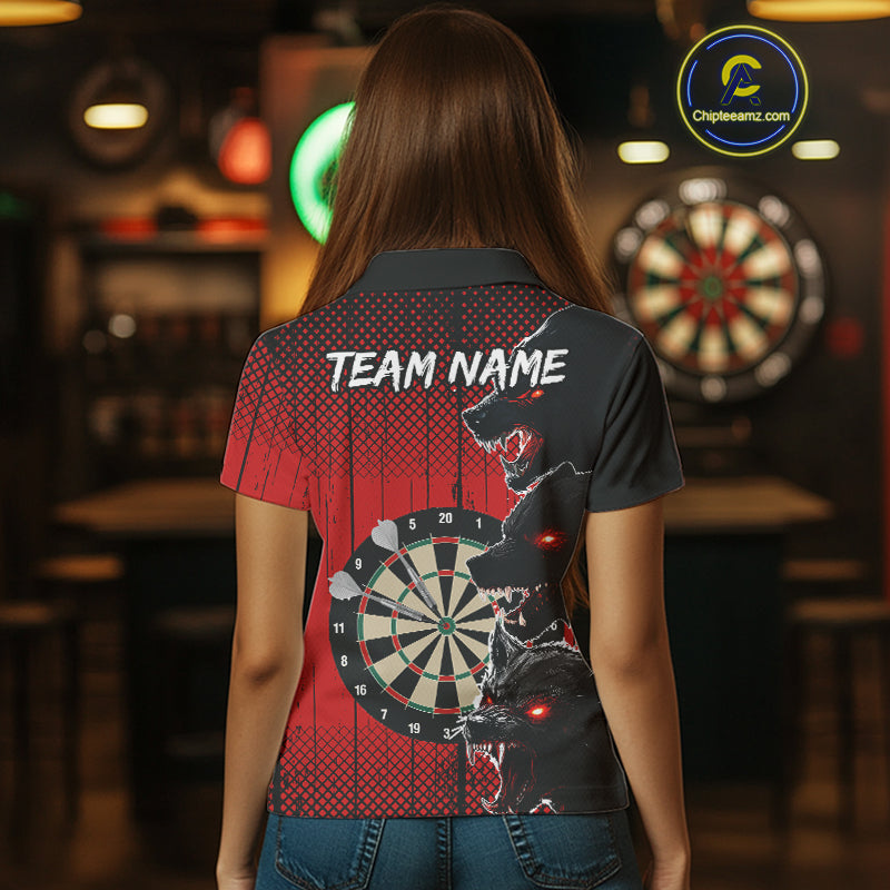 Personalized Red Grunge Wolf Darts Shirt For Women Custom Funny Darts Jersey Team Polo & 1/4 Zip TDM4672