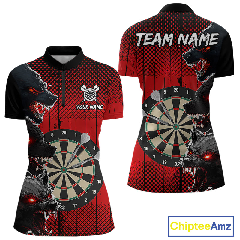 Personalized Red Grunge Wolf Darts Shirt For Women Custom Funny Darts Jersey Team Polo & 1/4 Zip TDM4672