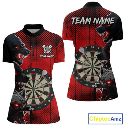 Personalized Red Grunge Wolf Darts Shirt For Women Custom Funny Darts Jersey Team Polo & 1/4 Zip TDM4672