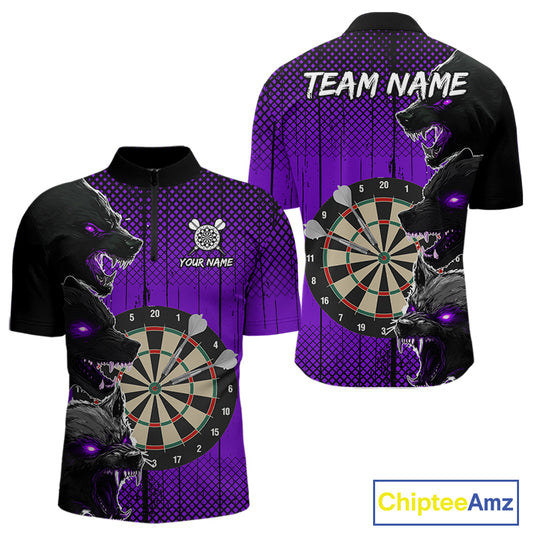 Personalized Purple Grunge Wolf Darts Shirt For Men Custom Funny Darts Jersey Team Polo & 1/4 Zip TDM4673
