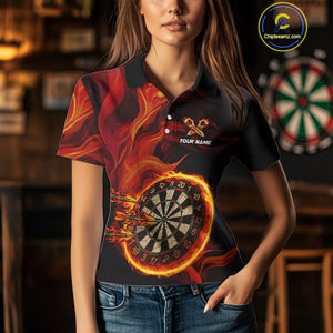 Red Flaming Dartboard Shirt For Women Custom Fire Darts Jersey Polo & Quarter Zip Team Uniform TDM4675