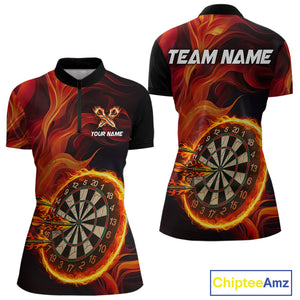 Red Flaming Dartboard Shirt For Women Custom Fire Darts Jersey Polo & Quarter Zip Team Uniform TDM4675
