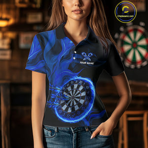 Blue Flaming Dartboard Shirt For Women Custom Fire Darts Jersey Polo & Quarter Zip Team Uniform TDM4676