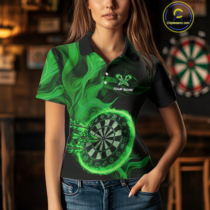 Green Flaming Dartboard Shirt For Women Custom Fire Darts Jersey Polo & Quarter Zip Team Uniform TDM4677