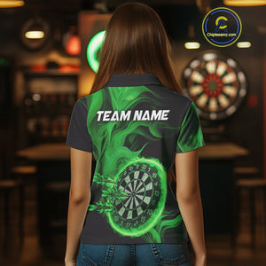 Green Flaming Dartboard Shirt For Women Custom Fire Darts Jersey Polo & Quarter Zip Team Uniform TDM4677