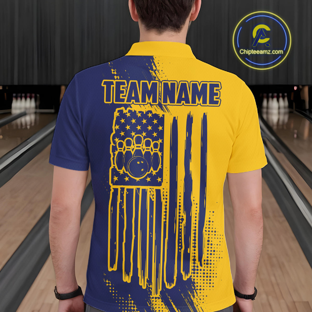 Custom Blue And Yellow Strike Bowling Shirts For Men, American Flag Bowling League Team Jerseys TDM7361