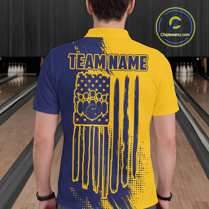 Custom Blue And Yellow Strike Bowling Shirts For Men, American Flag Bowling League Team Jerseys TDM7361