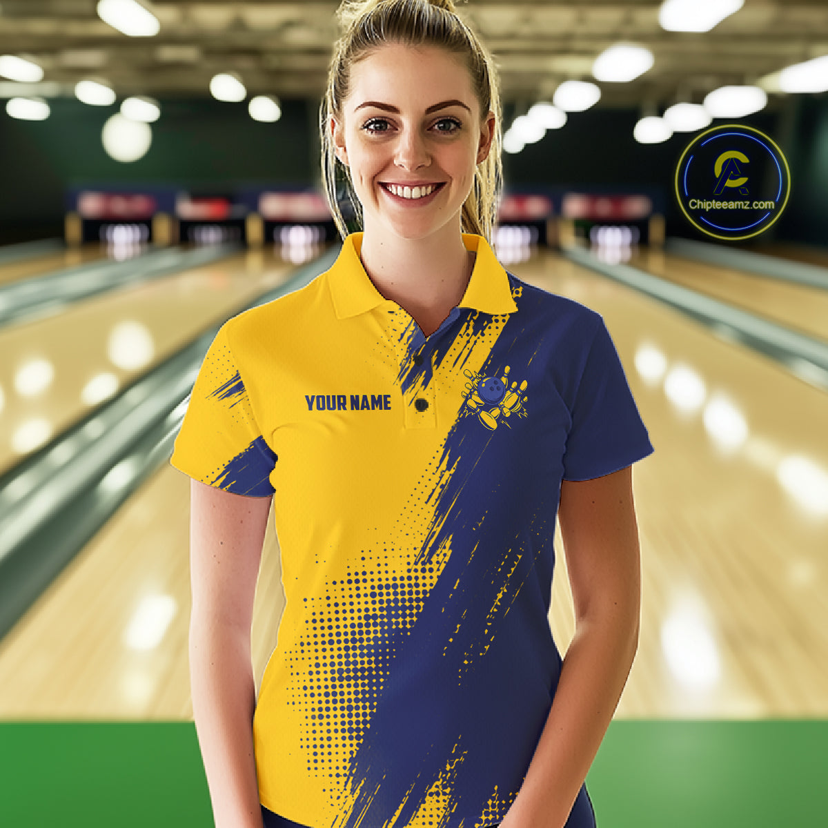 Custom Blue And Yellow Strike Bowling Shirts For Women, American Flag Bowling League Team Jerseys TDM7361