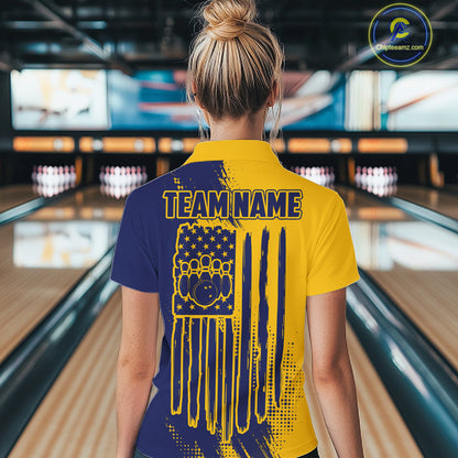 Custom Blue And Yellow Strike Bowling Shirts For Women, American Flag Bowling League Team Jerseys TDM7361