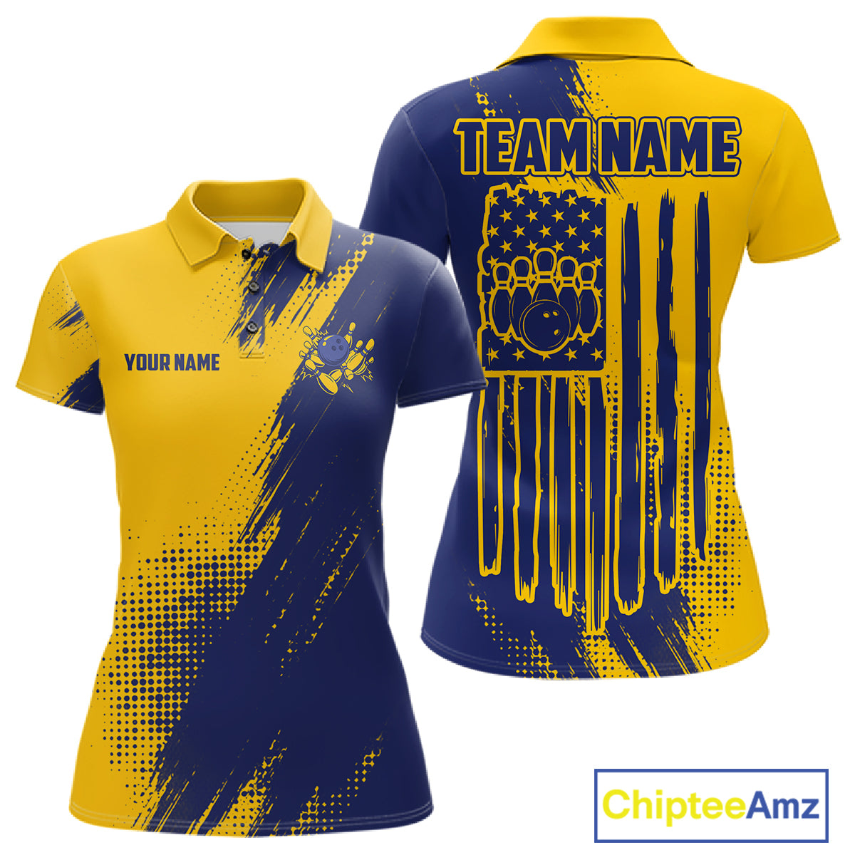 Custom Blue And Yellow Strike Bowling Shirts For Women, American Flag Bowling League Team Jerseys TDM7361