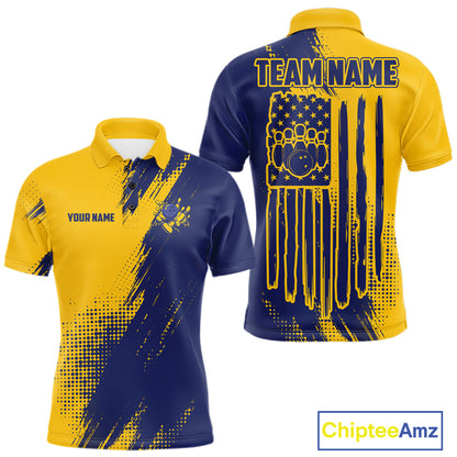 Custom Blue And Yellow Strike Bowling Shirts For Men, American Flag Bowling League Team Jerseys TDM7361