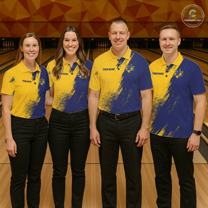 Custom Blue And Yellow Strike Bowling Shirts For Women, American Flag Bowling League Team Jerseys TDM7361